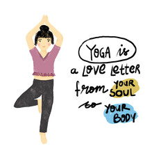 Cute  woman female girl doing tree pose yoga doodle crayon watercolour hand drawn illustration pastel purple bohemian shirt colorful colors clipart sticker wellness meditation healthy lifestyle quotes