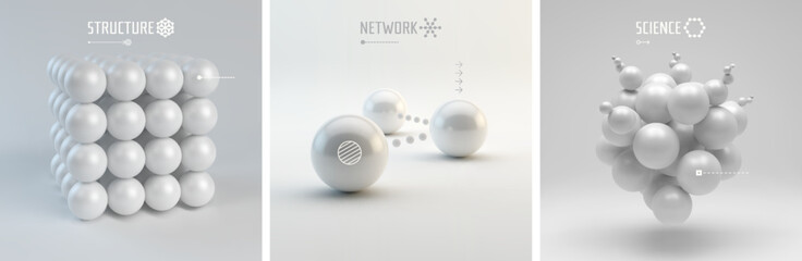 3D cube made of small balls. A structure similar to a molecule. Modelling of nanoparticles. Business concept of communication and connections. Science set. Vector for brochure, poster or presentation.
