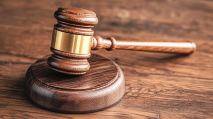 Wooden gavel on sounding block on a wooden surface.