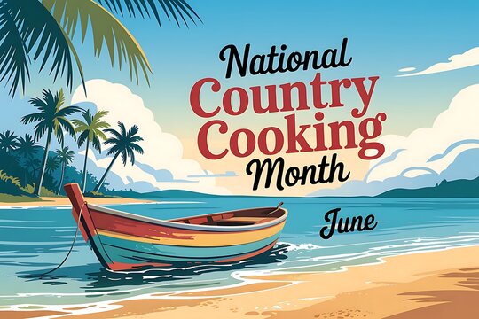 Celebrate National Country Cooking Month in June Tropical beach scene vibrant colors longboat