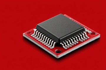 Single red circuit chip shown on vibrant red background in isolated high contrast view suggesting modern electronic computing device and digital hardware unit