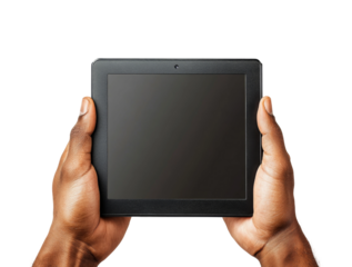 Hands holding a blank tablet technology showcase modern environment isolated on transparent background