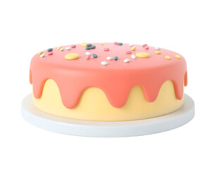 Cartoon cake with pink frosting and sprinkles on a white plate