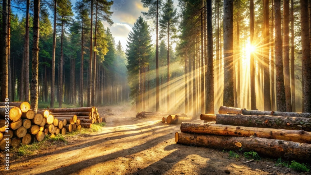 Poster golden sunlight streams through a dense pine forest illuminating stacks of freshly cut timber along 