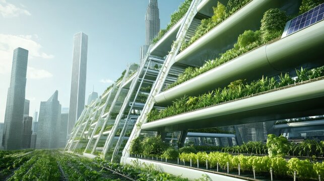 Vertical farm city with sustainable urban design. Lush greenery covers a tiered structure, integrated with hydroponic farming, atop of skyscrapers.  Sustainable living