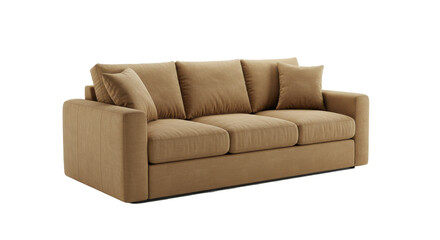 Plush comfort A soft tan couch with supportive pillows against a stark dark backdrop