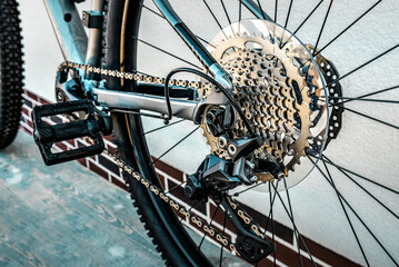 Shifting gears on rear transmission of bicycle. Rear derailleur, cassette and chain