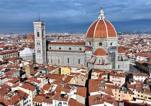 Aerial view of the historic center of the city of Florence with the Cathedral of Santa Maria del Fiore, the Duomo of Florence, in the center. Firenze, Tuscany, Italy