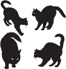 black cat silhouettes in pouncing and stalking poses