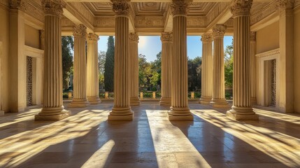 Sunlight streams through ancient columns, illuminating a serene colonnade