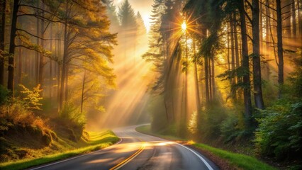 Golden Sunbeams Illuminate a Winding Road Through a Misty Forest