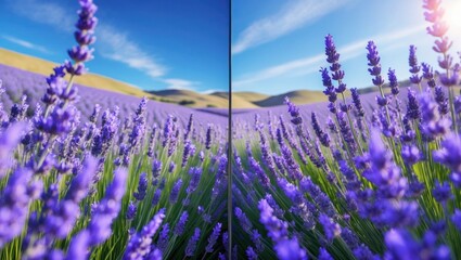 Naklejka premium Lavender Field Blooming Under a Bright Blue Sky on a Sunny Day