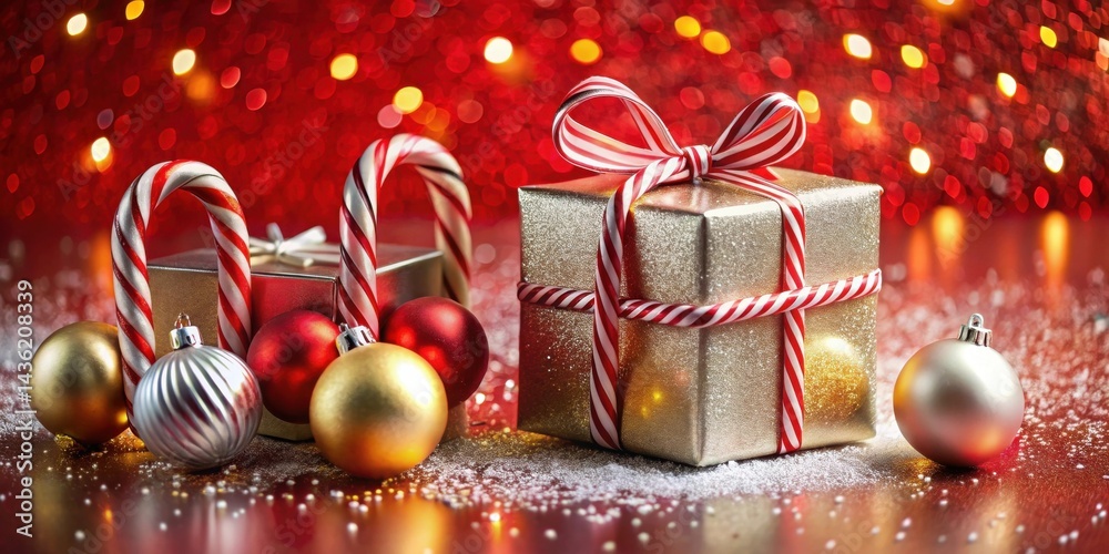 Poster festive presents and ornaments adorned with candy canes on a sparkling red background