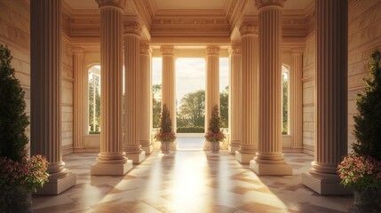 Grand colonnaded porch bathed in golden sunlight