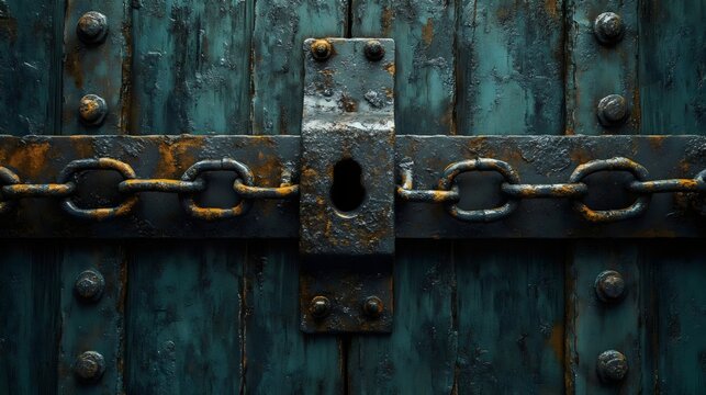 A weathered teal door with a rusted lock and chain, showcasing age and robust security.