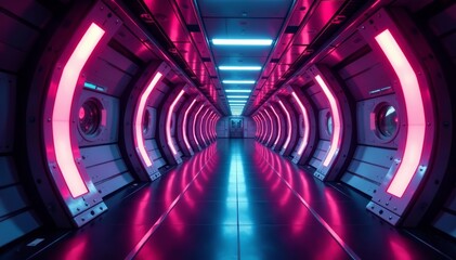 High-tech space vessel hallway with advanced technology and neon lights, space exploration, science fiction