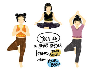 Cute Set collections of woman female girl doing tree lotus pose yoga doodle crayon watercolour hand drawn illustration in bright pastel colorful colors clipart sticker wellness meditation quotes