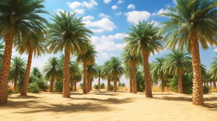 Oasis landscape. Lush palm trees in a desert