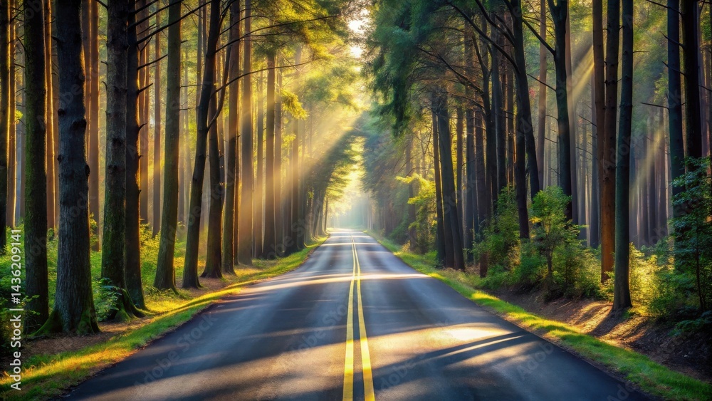 Poster sunlit path through a lush forest canopy an aspiring journey down a serpentine road