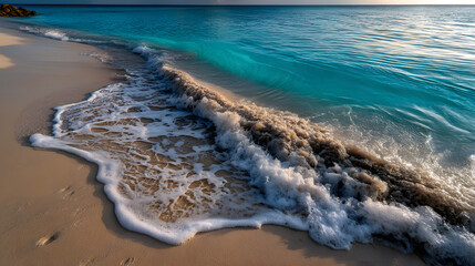 Gentle waves washing ashore on a quiet golden beach, with the sun casting a soft glow over the clear turquoise water.