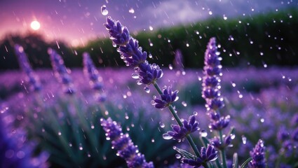 Lavender Field in Gentle Rain Drops at Sunset with Purple Sky