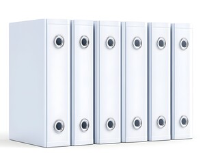 Five blank, white ring binders stand side-by-side