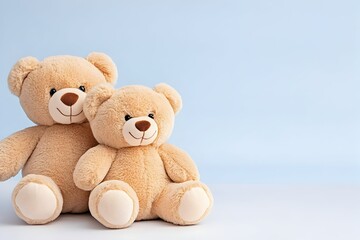 Obraz premium Two light brown teddy bears sitting together against a pale blue background