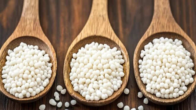 Close-up of three wooden spoons filled with tapioca pearls on a brown wooden surface, creating a textured and natural food display.