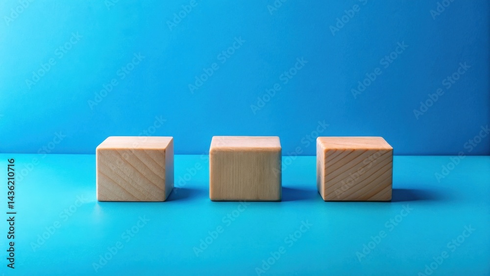 Aufkleber Three light wooden blocks arranged in a row on a vibrant blue surface.  A minimalist display showcasing simple geometric shapes against a bold backdrop.