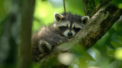 Obraz premium A young raccoon is resting on a tree branch with his eyes closed, A young raccoon is asleep