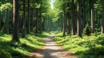 Obraz premium Forest Path in Sunlight: A sun-dappled path winds through a lush green forest, sunlight filtering through the dense canopy of trees, creating a serene and inviting atmosphere. 