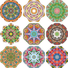 Set of colorful cute Mandalas. Decorative unusual round ornaments.