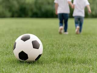 Soccer ball in park with children walking