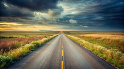 Fototapeta premium A long, straight asphalt road stretches towards a dramatic sunset under a breathtakingly cloudy sky, bordered by vibrant wildflowers and tall grasses.