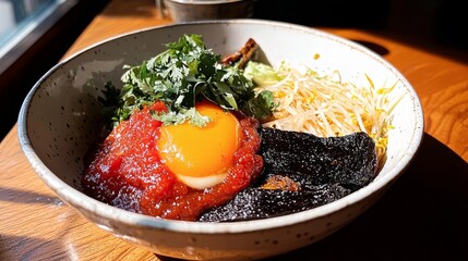 A vibrant bowl of noodles topped with an egg, herbs, and various colorful ingredients, showcasing a delicious and appetizing dish.