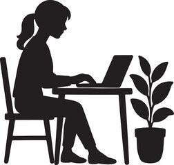 Black silhouette of woman working on a laptop with houseplant vector illustration