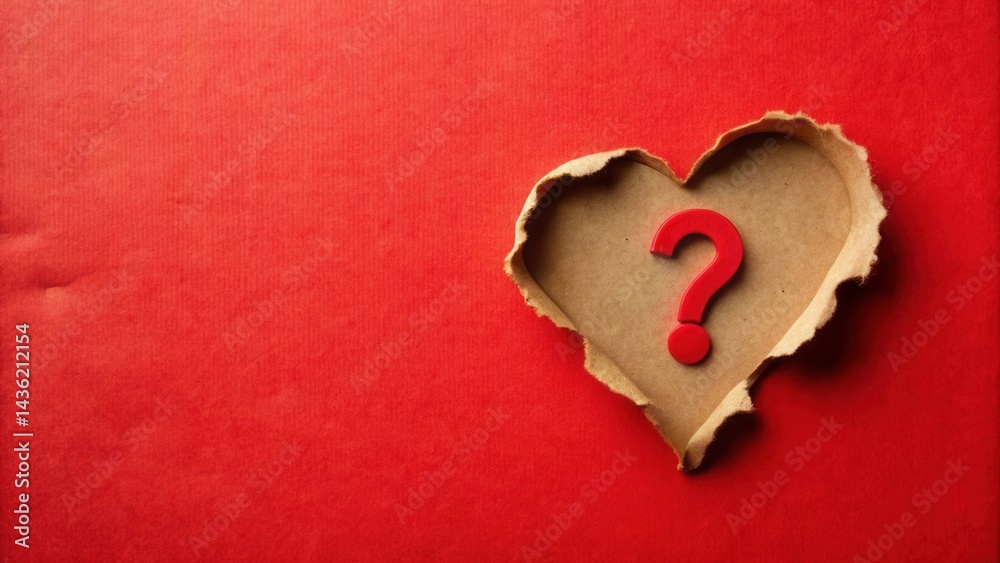 Poster A Red Question Mark Within a Torn Heart Shape on Red Background