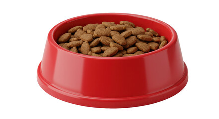 Red bowl full of kibble on black backdrop