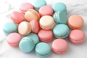 Obraz premium A delightful array of pastel-colored macarons in pink, blue, and beige, beautifully arranged on a clean white surface.