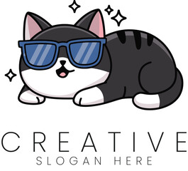 Adorable Cartoon Cat Wearing Sunglasses Cool Summer Pet Design Illustration fun cute logo icon blue 