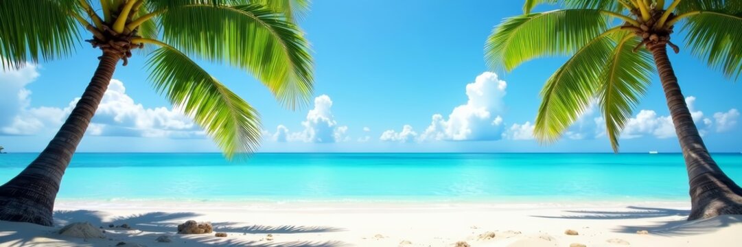 Idyllic beachfront view of crystal clear ocean and palm trees, ocean view, getaway