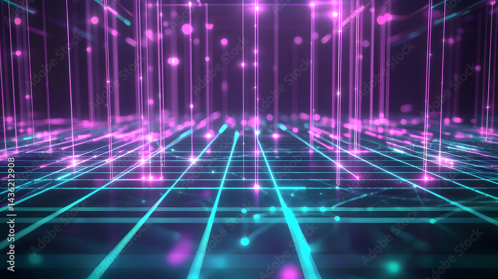 Poster glowing data flow visualization digital space abstract graphics neon environment futuristic perspect