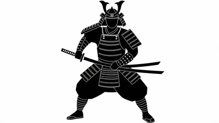 Ancient Samurai Silhouette: A commanding black silhouette of a Samurai warrior, embodying strength and precision, poised with swords ready for action against a plain background.