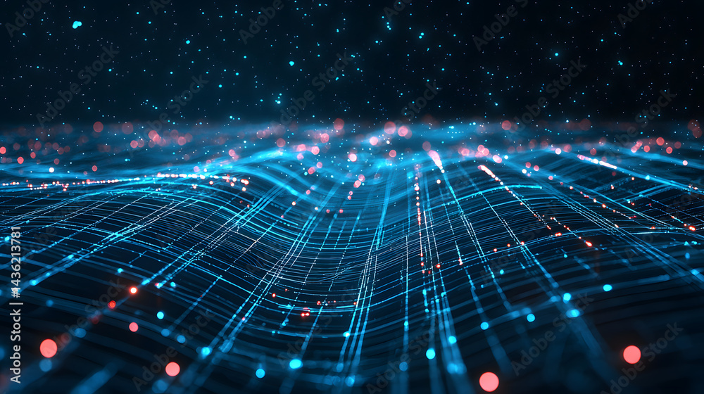Poster dynamic data flow visualization digital space abstract image futuristic environment aerial perspecti