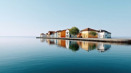 Obraz premium Miniature seaside village with colorful houses coastal scene for bright designs, charming miniature seaside village with colorful houses background for storytelling, dreamy layout of miniature seaside