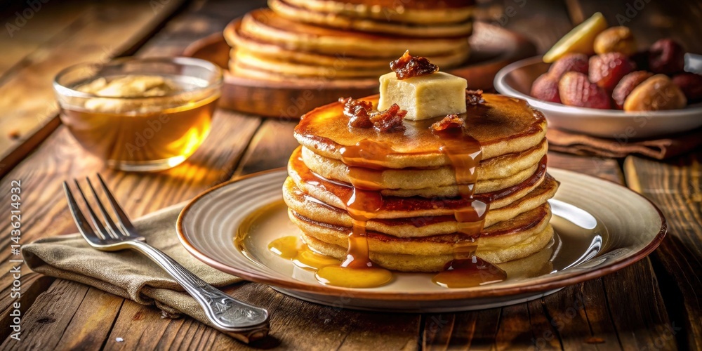 Poster a delectable stack of golden-brown pancakes, generously drizzled with sweet syrup and topped with a 
