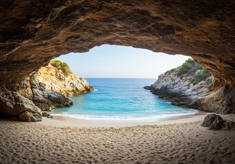洞窟からの穏やかな海景色 透き通る青と砂浜