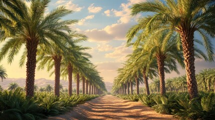Palm tree lined avenue, desert oasis at sunrise