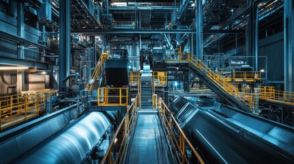 Industrial complex interior with machinery and walkways.  Processing and manufacturing facility.  High-tech metalwork