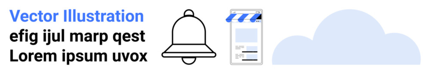 Notification bell, media document with header, and minimal cloud. Ideal for alert system, digital media, cloud service, communication, file management, online platform simple landing page